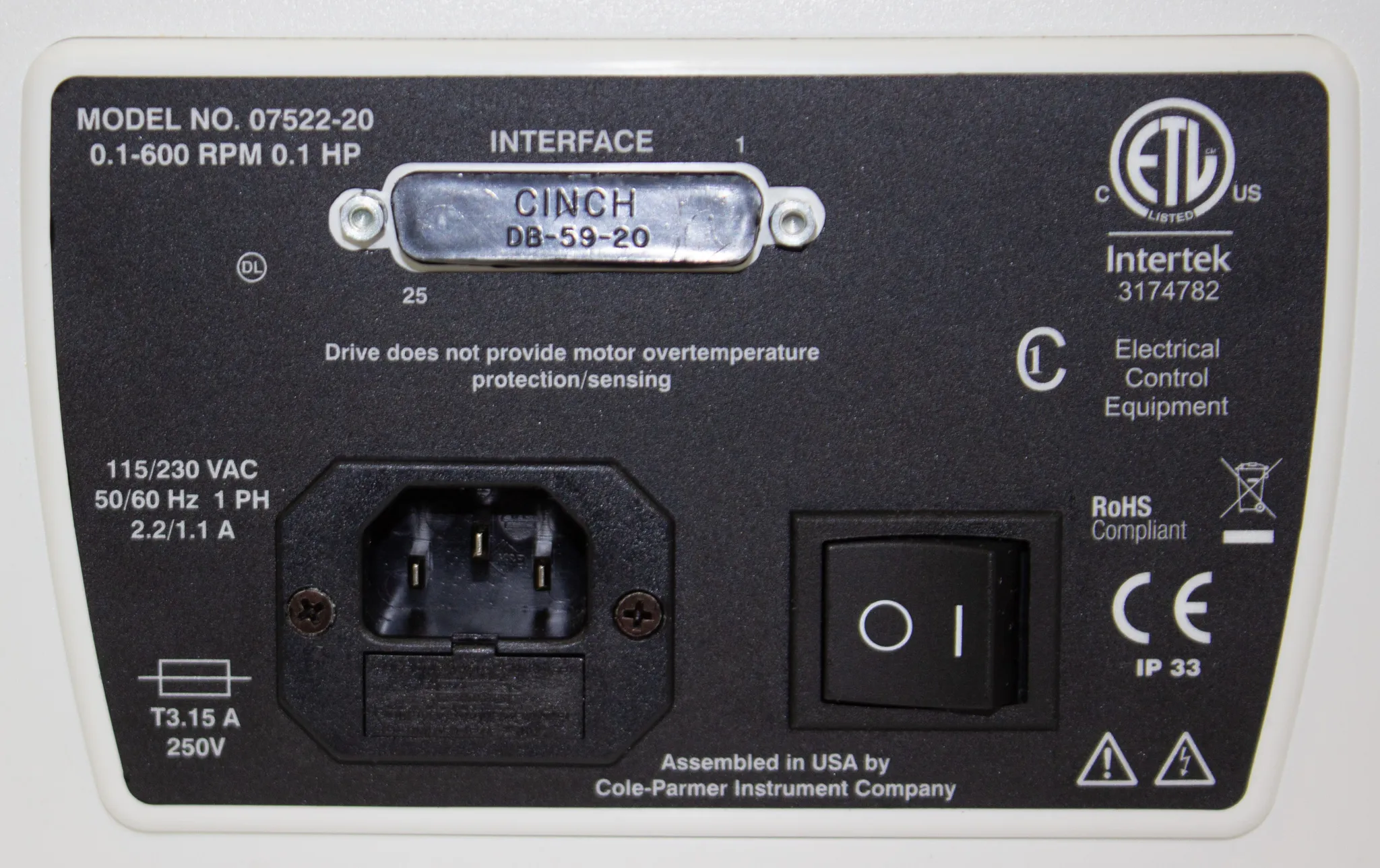 Cole Parmer 07522-20 Peristaltic Pump with 600 RPM Digital Drive