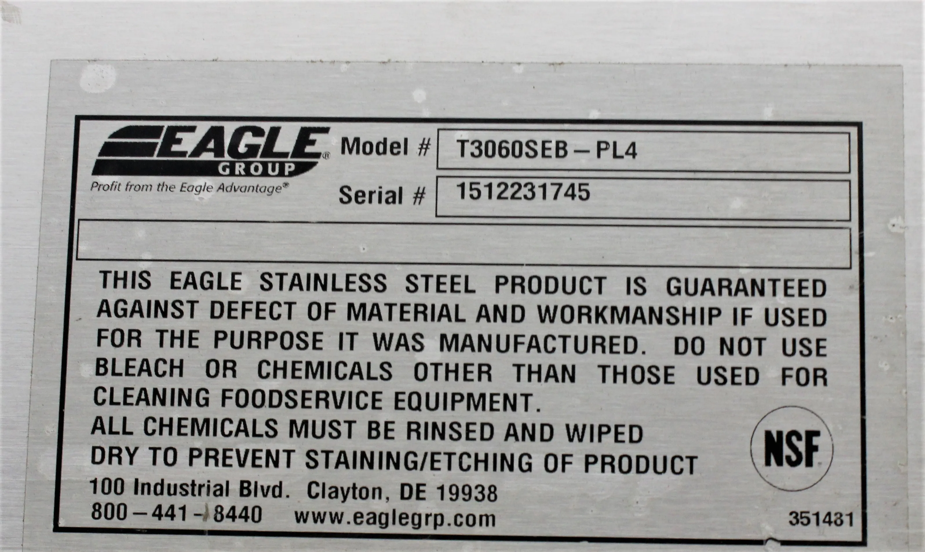 EAGLE Group T3060SEB-PL4 Stainless Steel Work Table