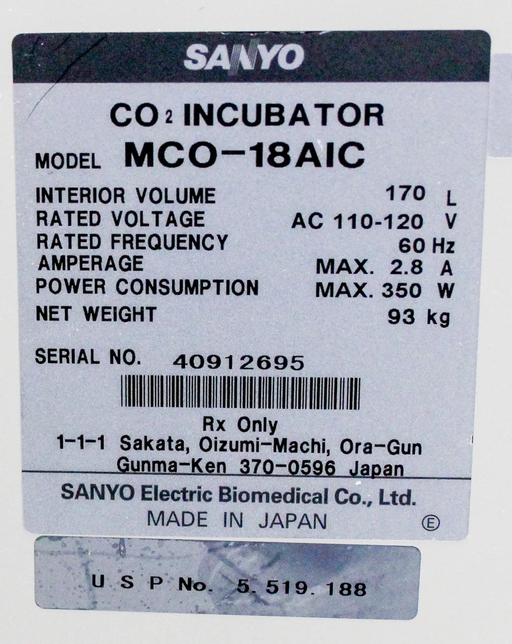 Sanyo MCO-18AIC CO2 Incubator 170L 5-50C Infrared Sensor Stainless Steel