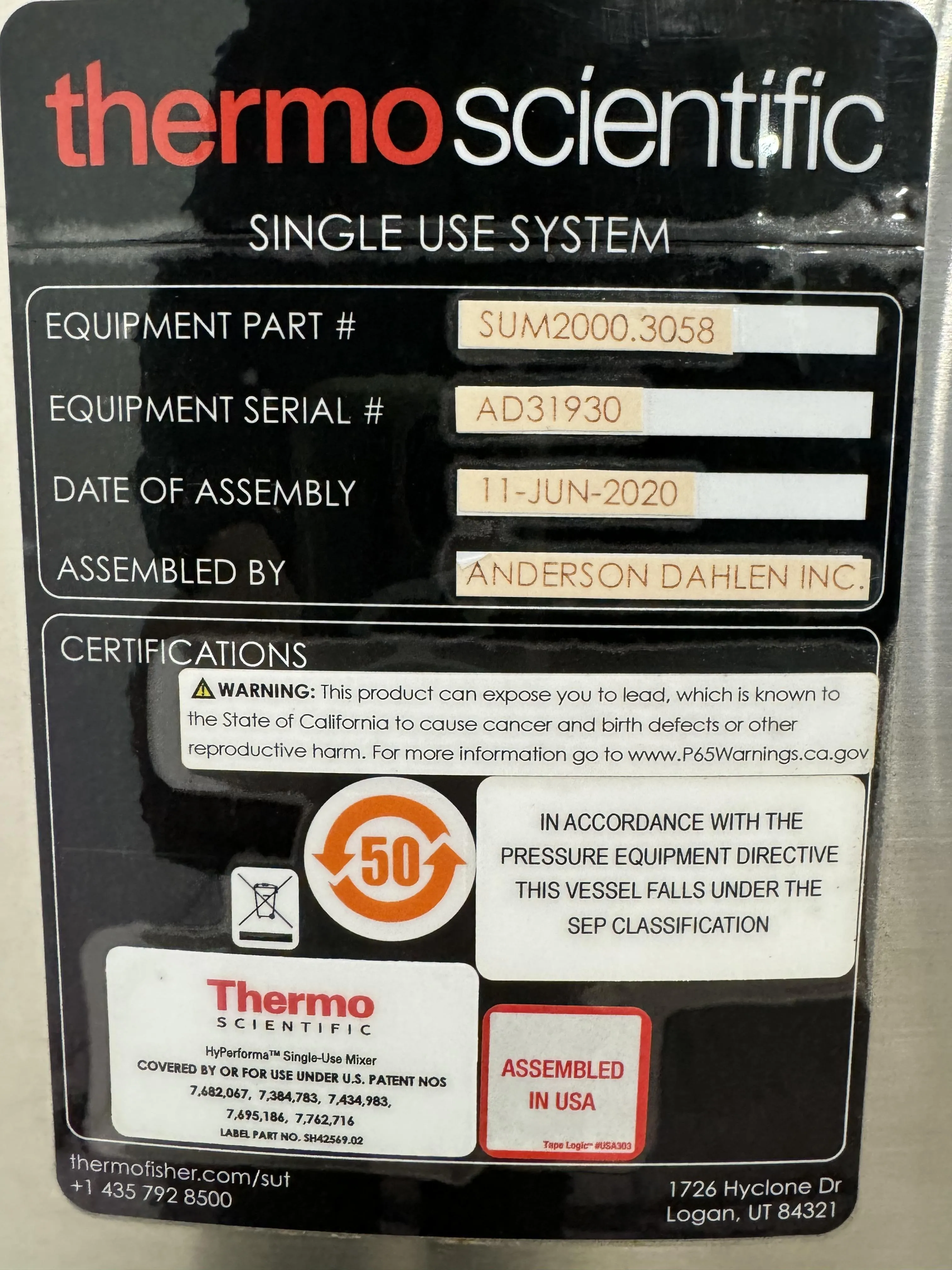 Thermo Scientific HyPerforma Single-use Mixer 2000L Cat# SUM2000.9004