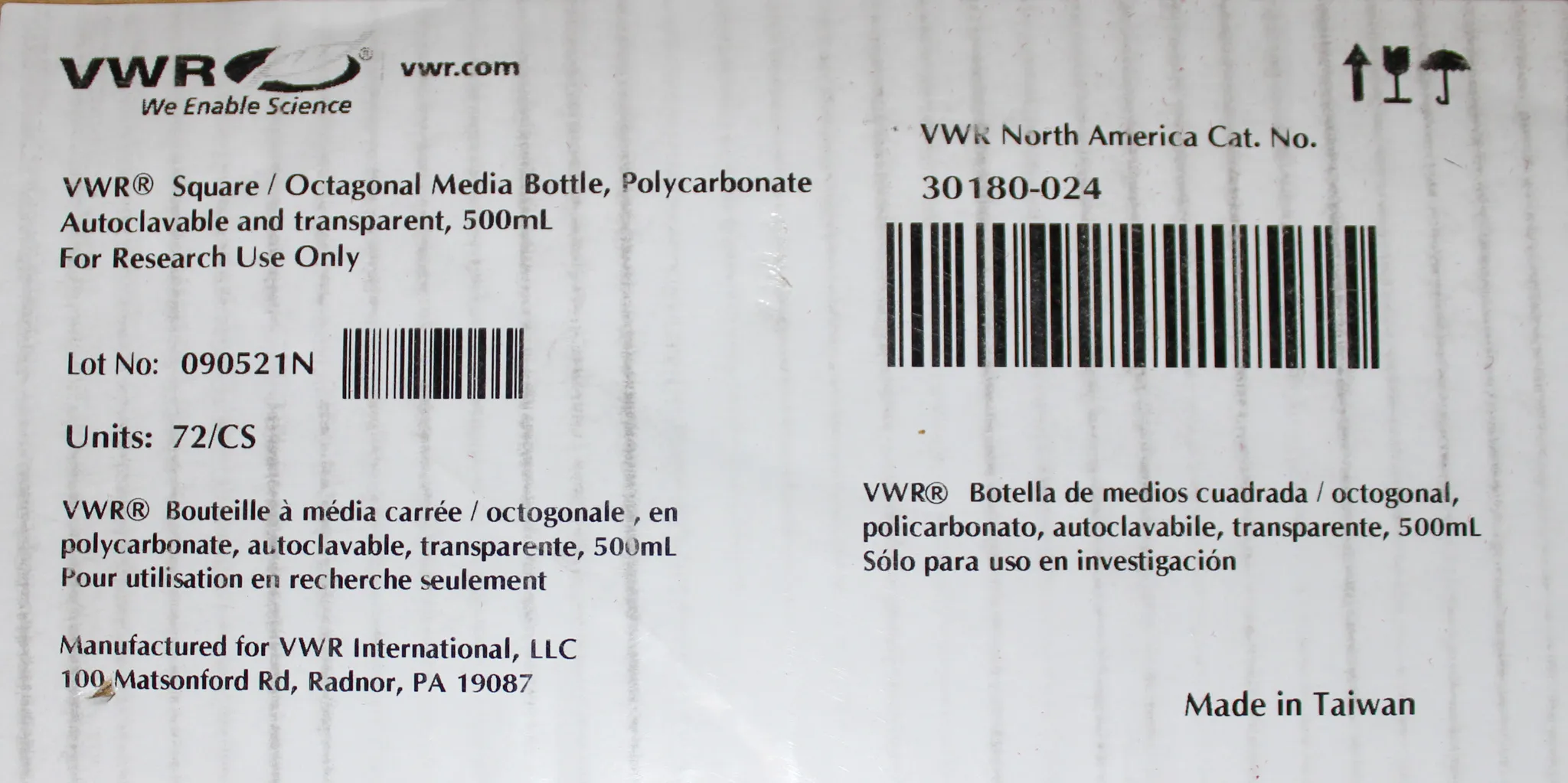 VWR Square/Octagonal Media Bottle Autoclavable & Clear, 500ml - Box of 72