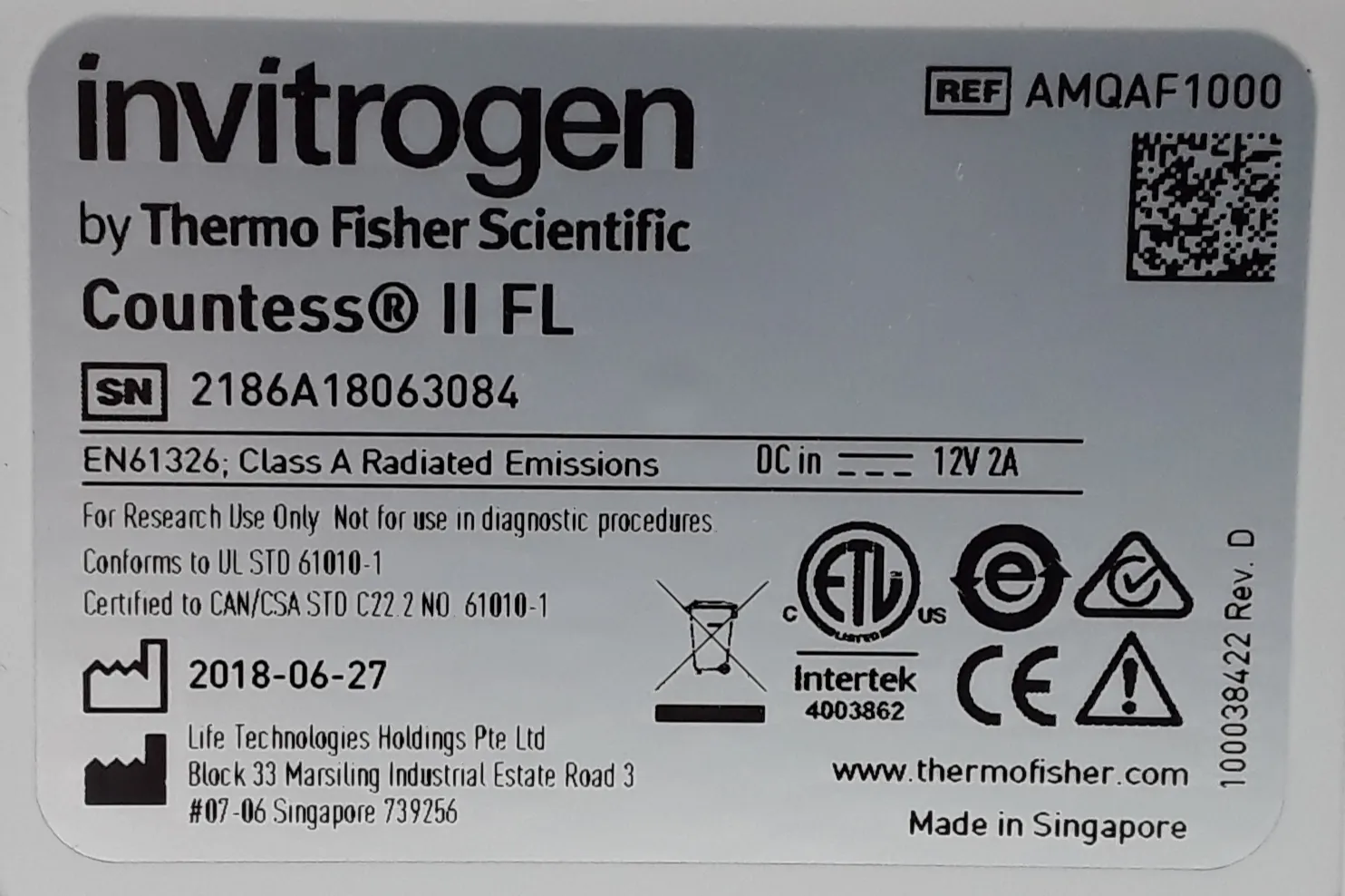 Invitrogen Countess II FL Automated Cell Counter AMQAF1000 Used