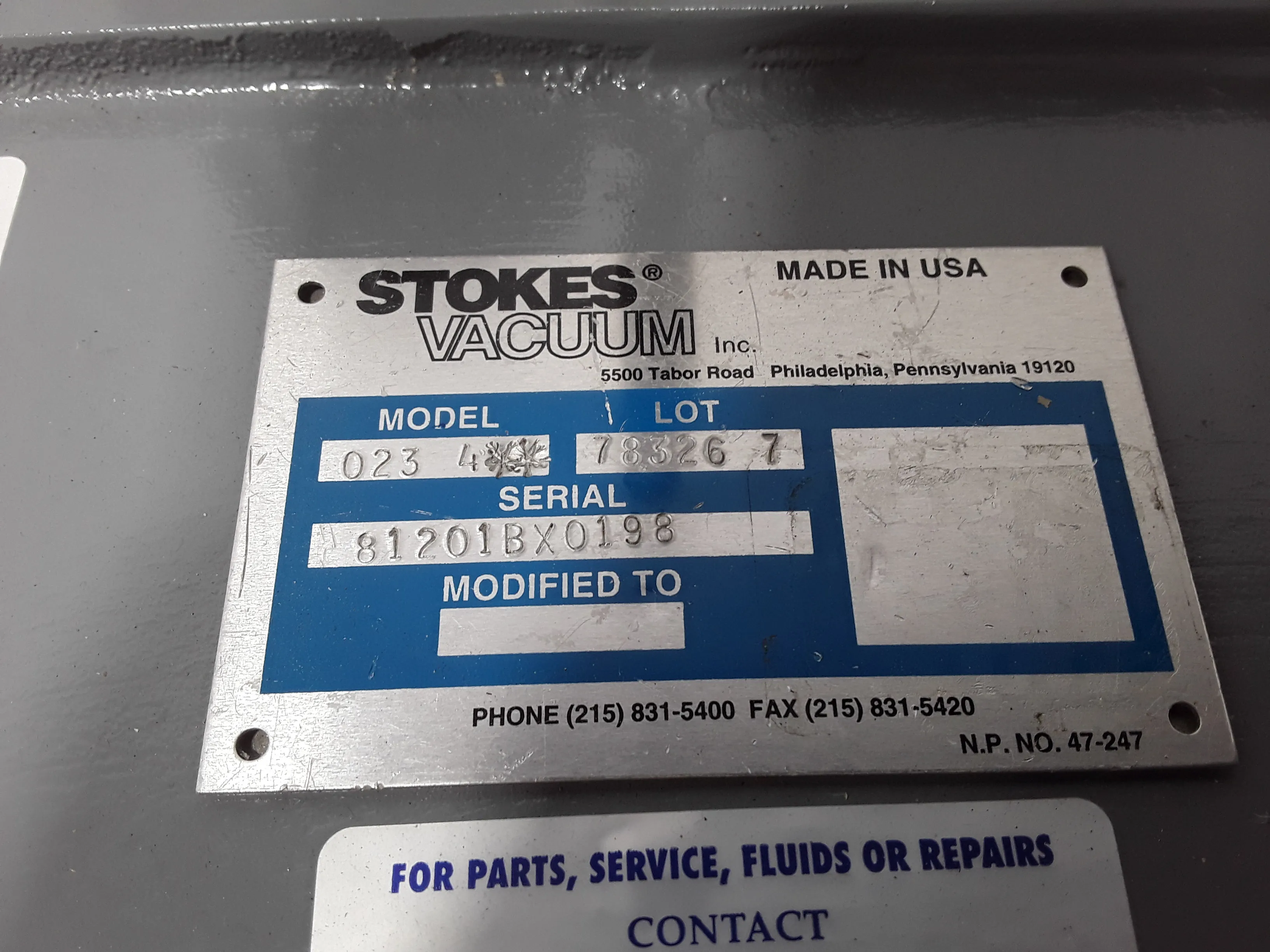 Stokes Vacuum Microvane 023-4 55CFM Pump W/ Reed Type Exhaust Valve 3HP/ 1740RPM