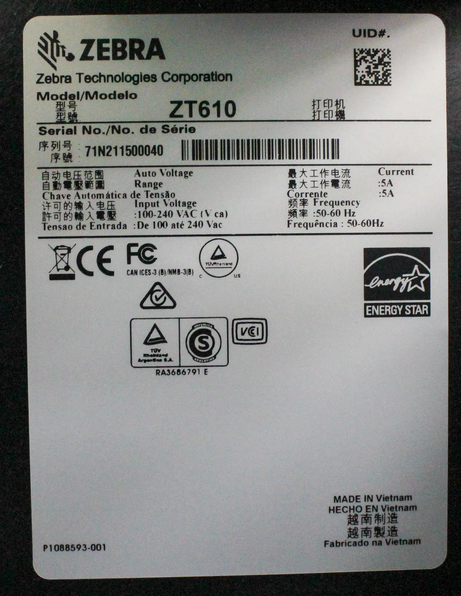 Zebra ZT610 Series Industrial Label Printer Model ZT61046-T210100Z