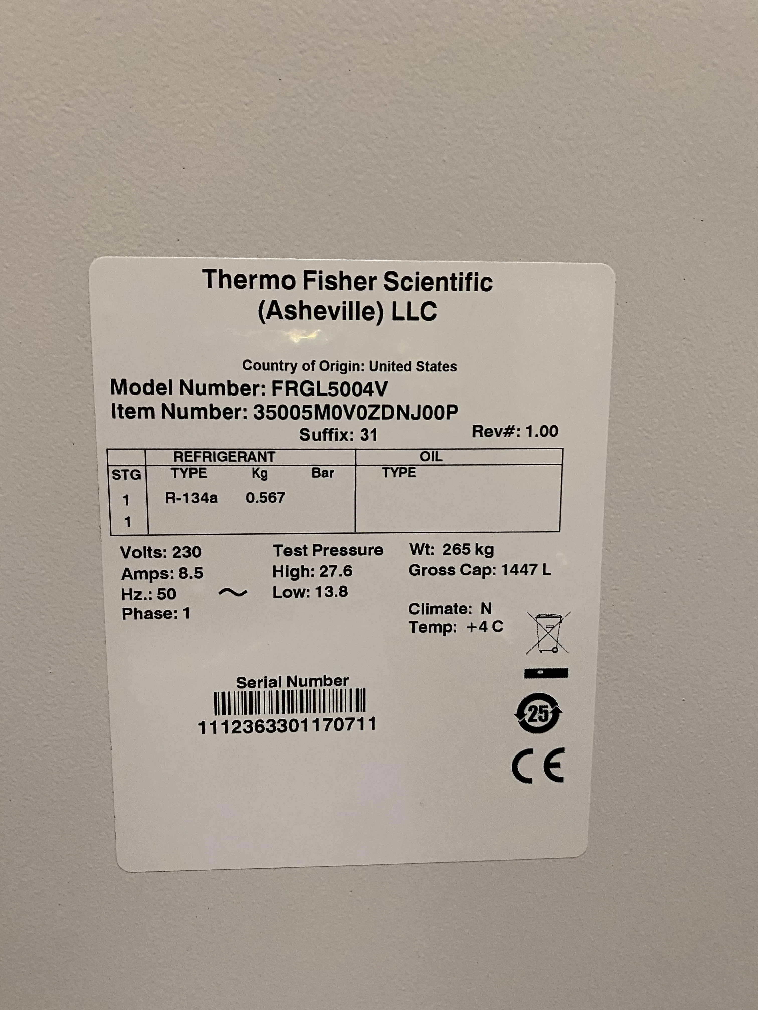 Thermo Scientific Forma High-Performance Lab Refrigerator FRGL5004V