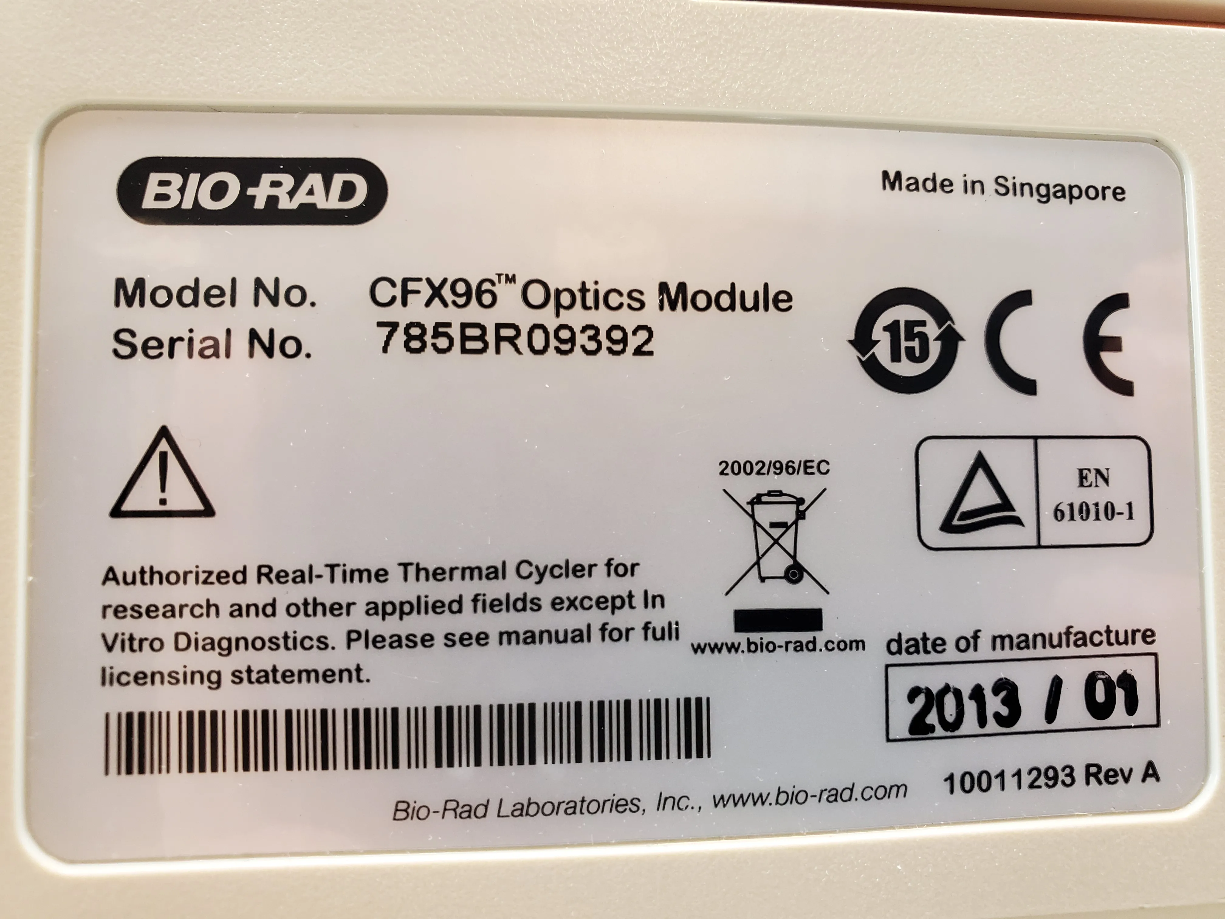 BIO-RAD CFX96 Optics Module; C1000 Touch Thermal Cycler - Real Time PCR