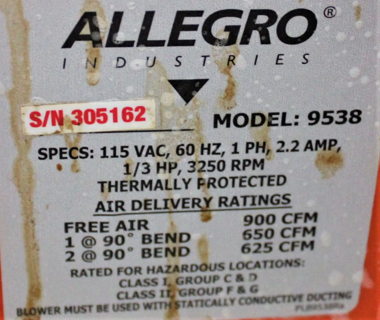 Allegro 9538 Explosion-Proof Axial Fan Blower with Ducting