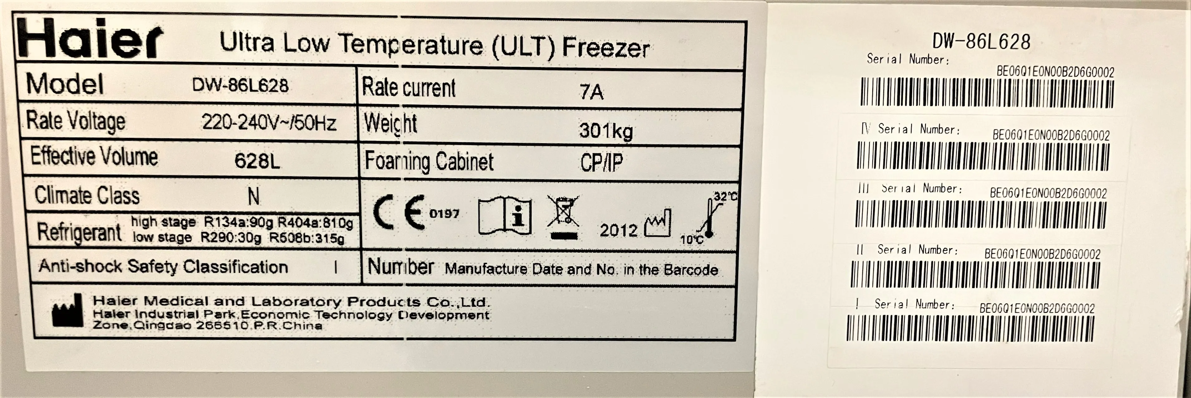 Haier ULT Freezer DW-86L628 (220V, 50Hz) - New, Unused and Unwrapped - 30-Day Warranty