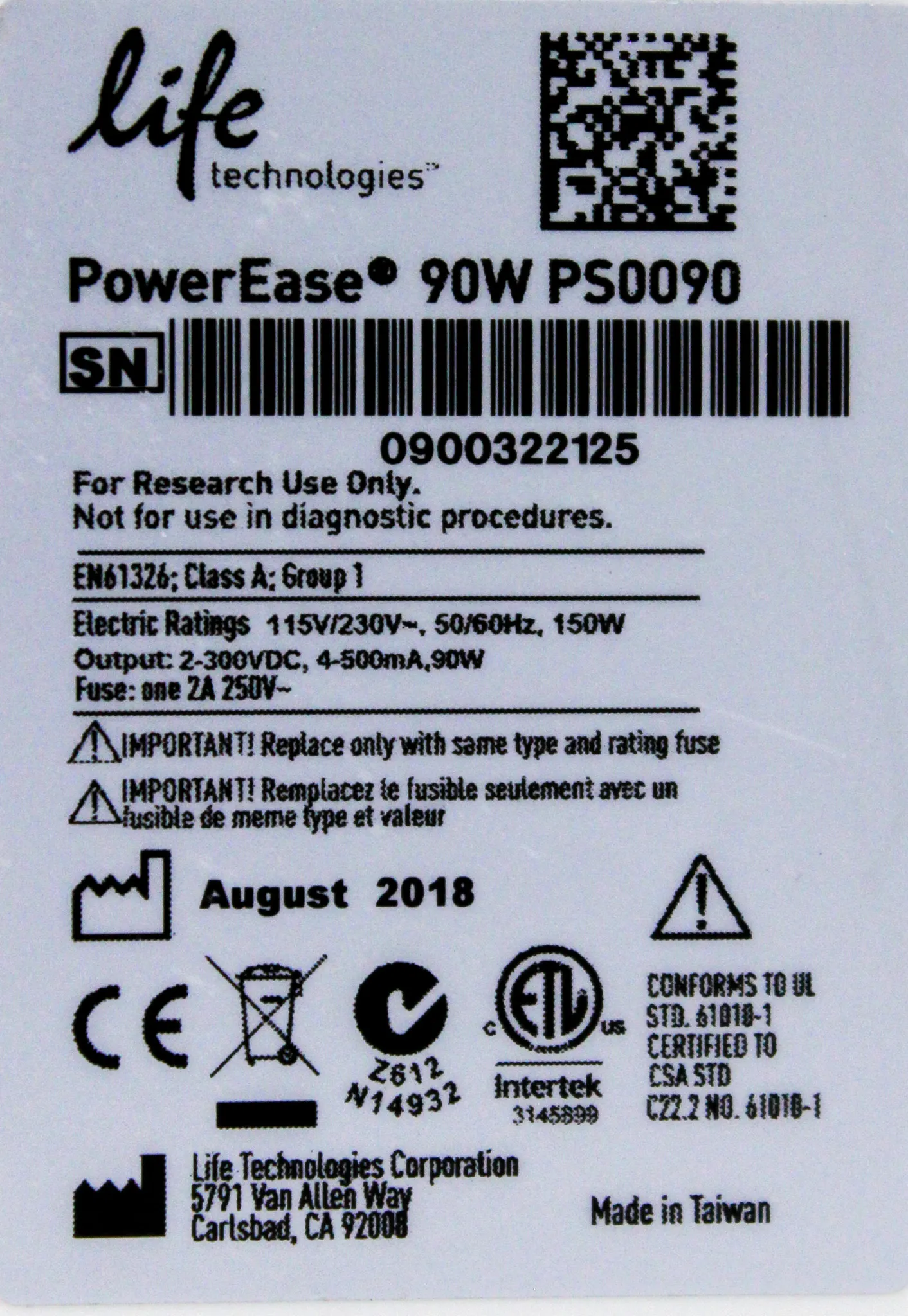 Life Technologies Power Ease 90W Power Supply PS0090