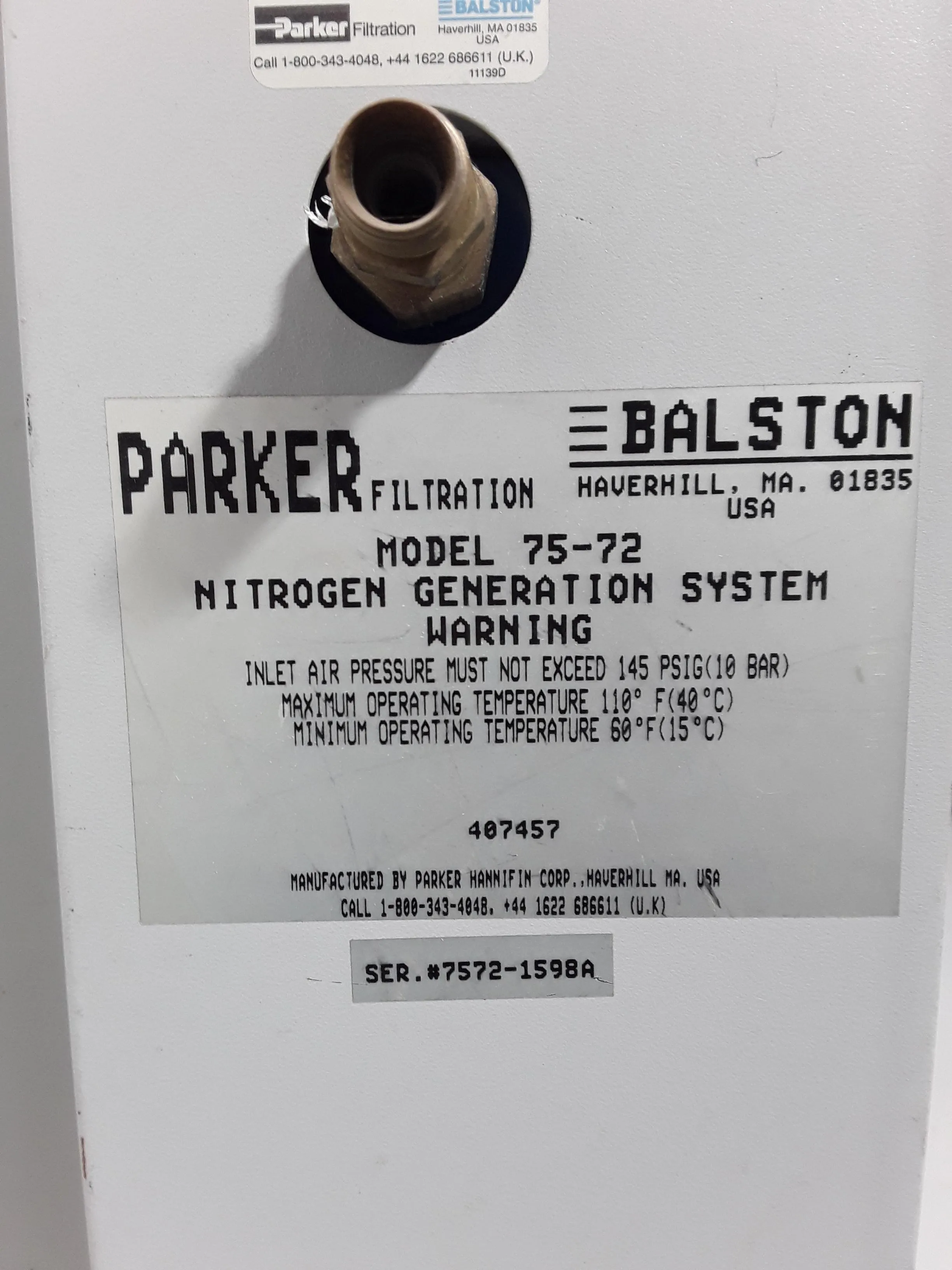 Parker Balston 75-72/ 1220-NX-2-B Nitrogen Generator