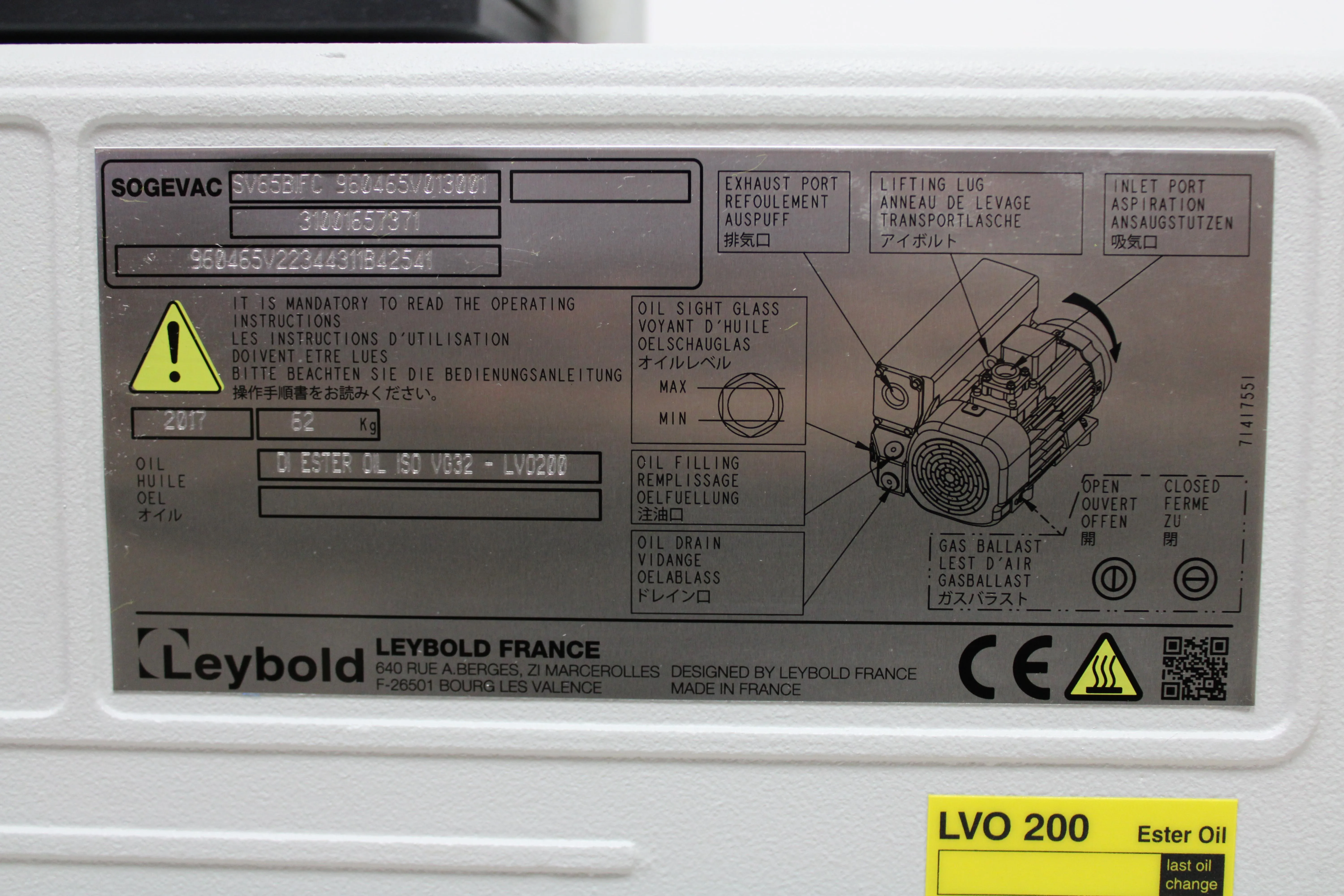 Leybold SV65BIFC Vacuum Pump 200-240V 50/60Hz Low Noise Compact 2017 0.152 mBar