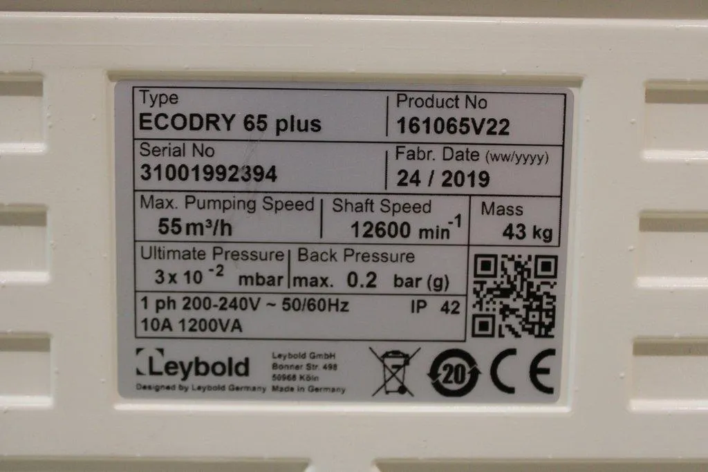 Leybold ECODRY 65 Plus Vacuum Pump Multi-Stage Roots 240V Quiet Operation