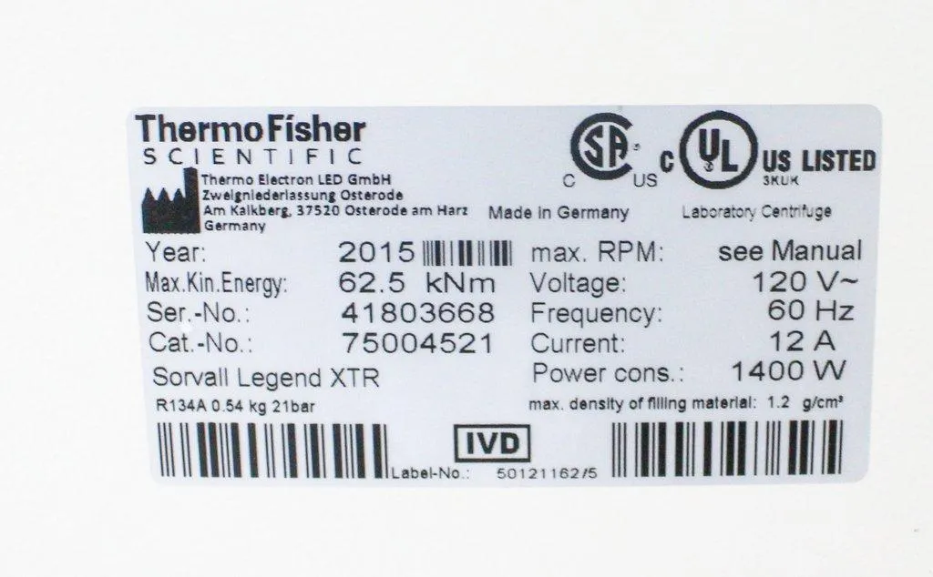 Thermo Scientific Sorvall Legend XTR XT/XF Refrigerated Benchtop Centrifuge 75004521