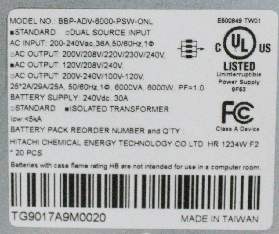 Batt Backup Pwr BBP-ADV-6000 PSW-ONL 6kVA UPS Facility Pwr Supply