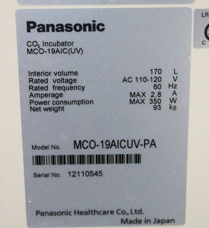 Panasonic MCO-19AICUV-PA CO2 Incubator 120V 60Hz Includes Power Cord
