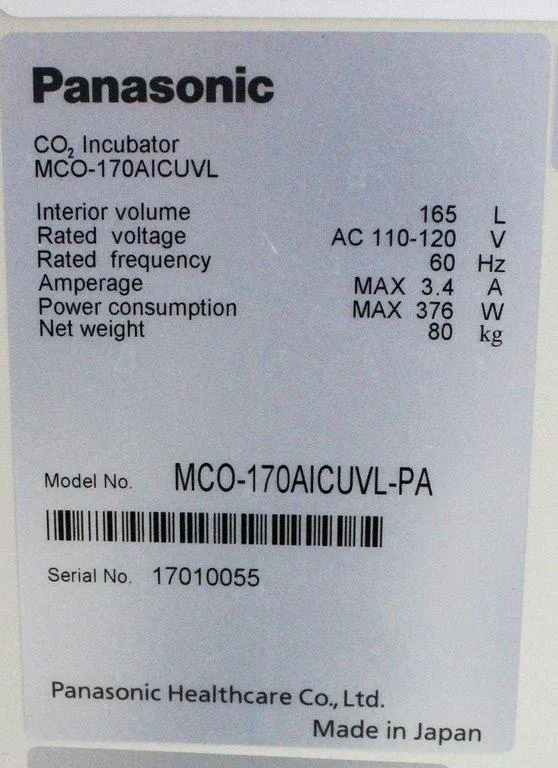 Panasonic MCO-170AICUVL-PA CO2 Incubator 5.8 cu.ft UV Stabilizing Temp