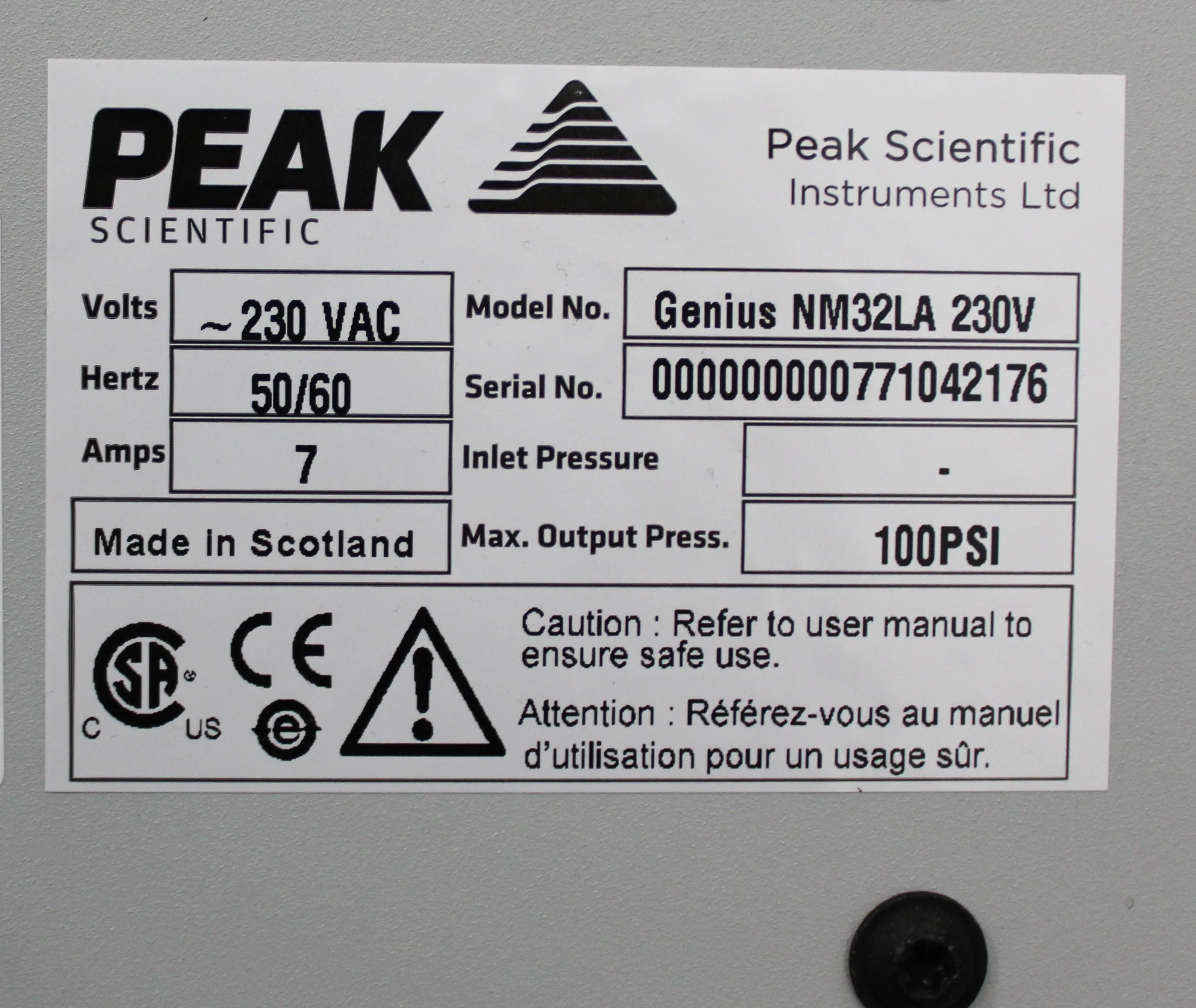 Peak Genius NM32LA Gas Generator 32L/min 230V 165kg HPLC Lab Use