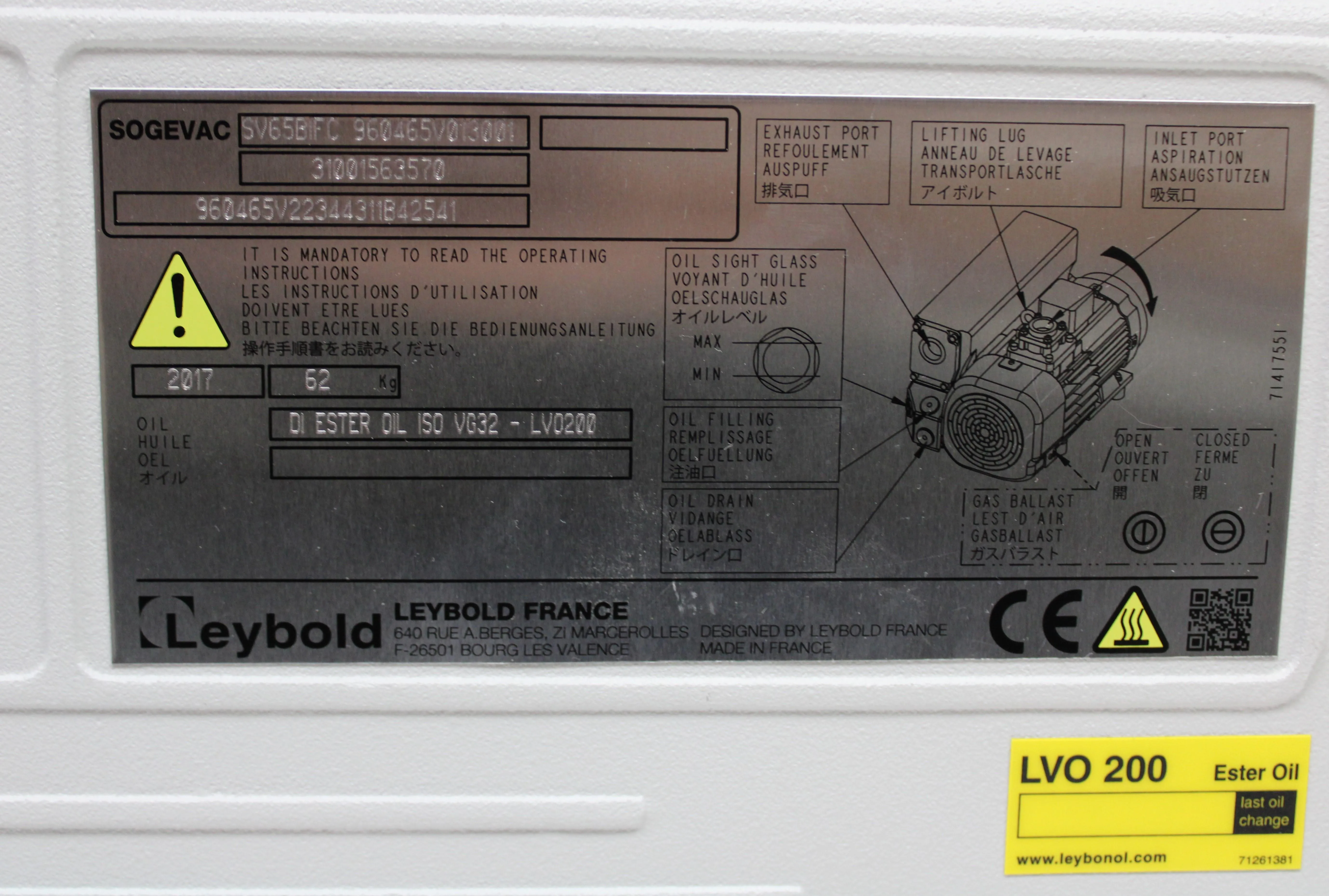 Leybold Sogevac SV 65 BI FC Vacuum Pump