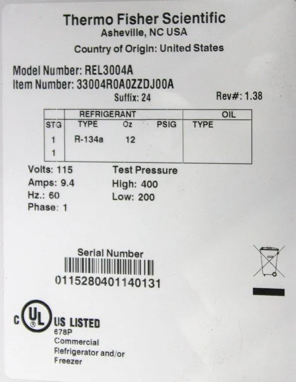 Thermo Fisher Scientific REL3004A Revco Lab Refrigerator