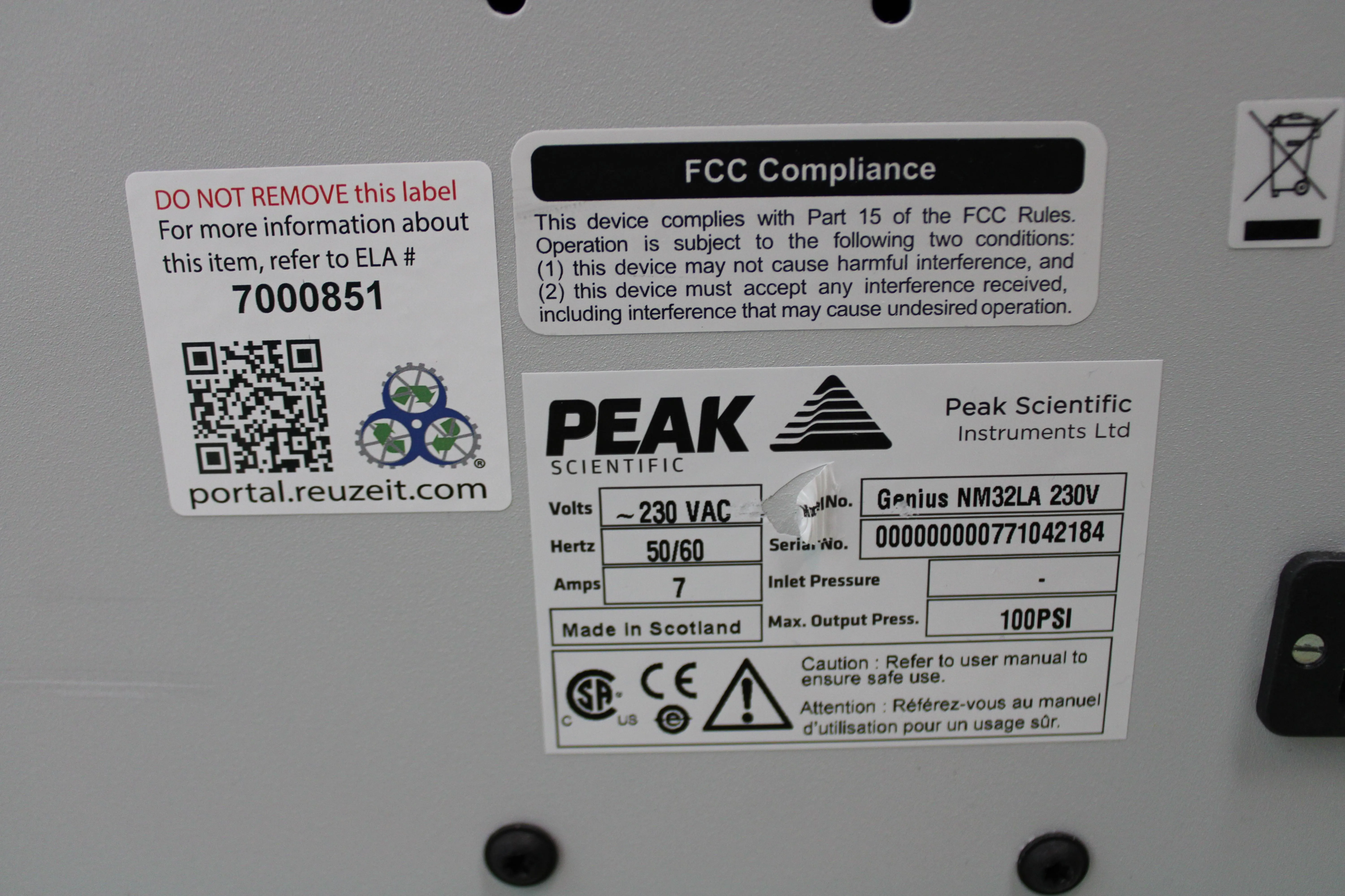 Peak Scientific NM32LA Gas Generator HPLC / FPLC / GC / CE Nitrogen 32 L/min