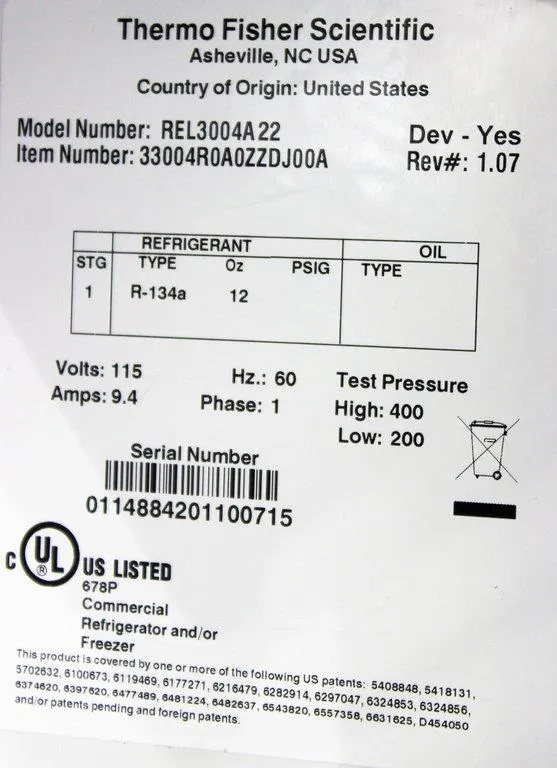Thermo Revco REL3004A22 Ultra Low Freezer -80C 400L Capacity Tested