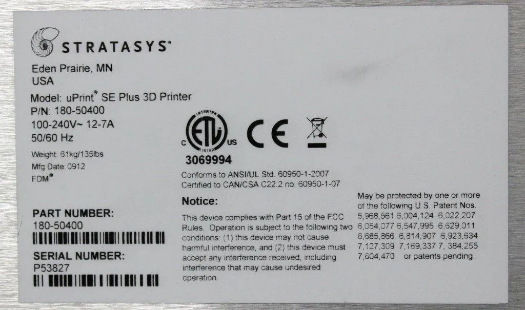 Stratasys uPrint SE Plus 3D Printer (AS/IS for parts)