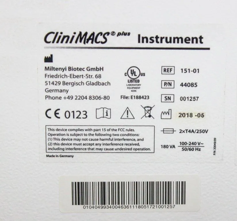 Miltenyi CliniMACS Instrument Cell Sorting 2018 Good Condition Limited Tests