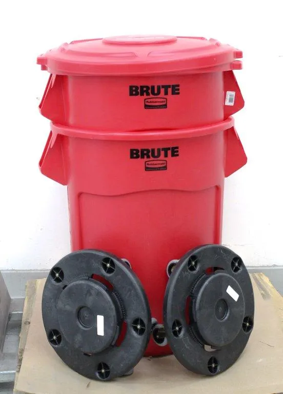 Rubbermaid 55 Gal Brute Waste Management Set with Red Cans Lids & Dolly Turn-Key