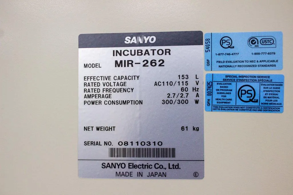 Sanyo MIR-262 Heated Incubator 5.4 cu.ft 153L Microprocessor Control Stainless Steel Interior