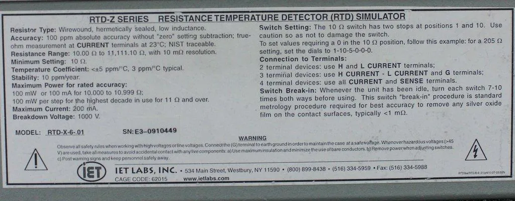 iET Labs RTD-X-6-01 Resistance Temperature Detector Simulator, Good Condition