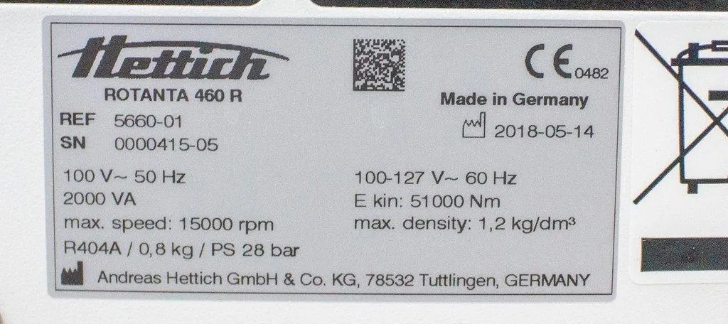 Hettich Rotanta 460 R Benchtop Centrifuge Refrigerated -20C to +40C 15,000 RPM