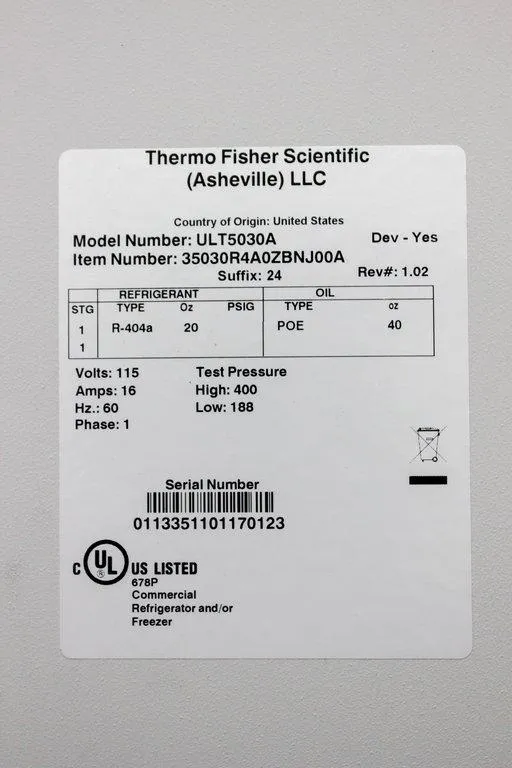 Thermo ULT5030A Freezer Ultra Low Vertical 51.1 Cu Ft 30C Digital Alarm