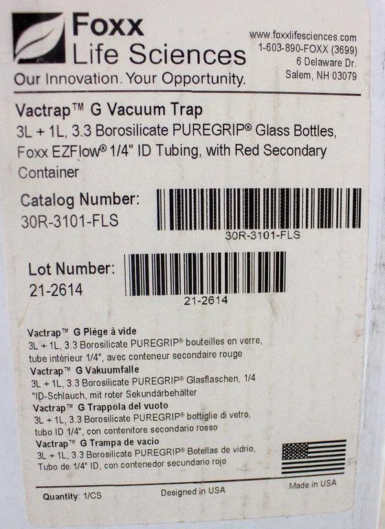 Foxx Life Sciences Vactrap G Vacuum Trap Vactrap™ G, 3L + 1L, Glass Bottles, Red Bin, GL45 Cap w/1/4" ID Tubing
