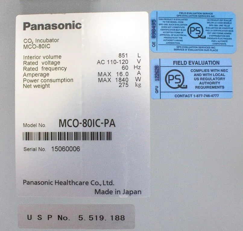 Panasonic MCO-80IC CO2 Incubator Incubator 851L Capacity 5C to 50C Temperature