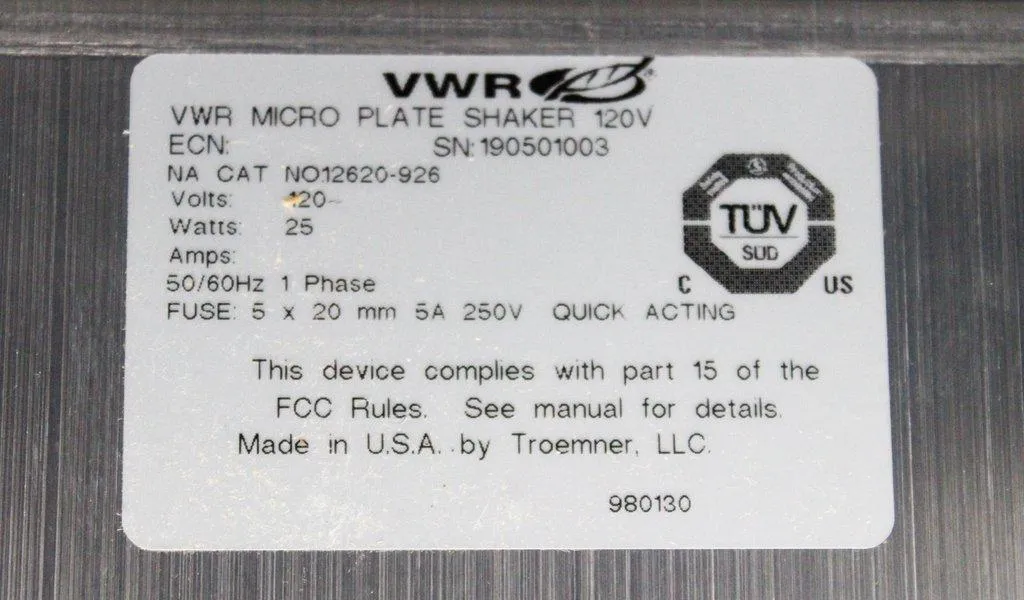 VWR Micro Plate Shaker 12620-926 Analytical Assay Analyzer, 120V, 50/60Hz