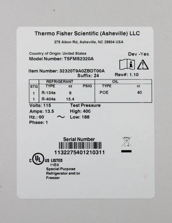 Thermo TSHP FMS Refrigerator Cold Storage, Safe Flammable -22C - RARE