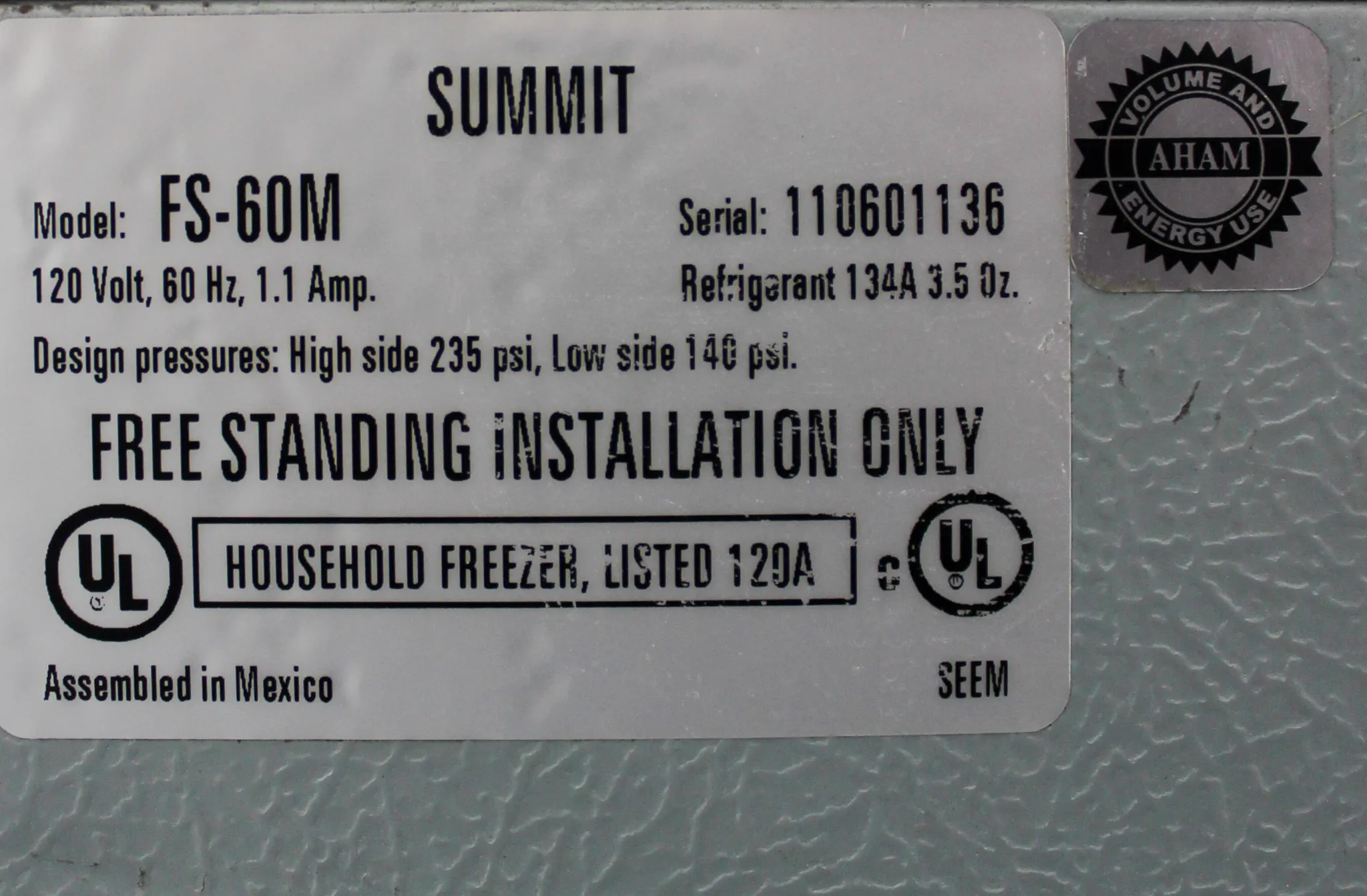 Summit 5 cu. ft. Upright Manual Defrost Freezer FS-60M in White