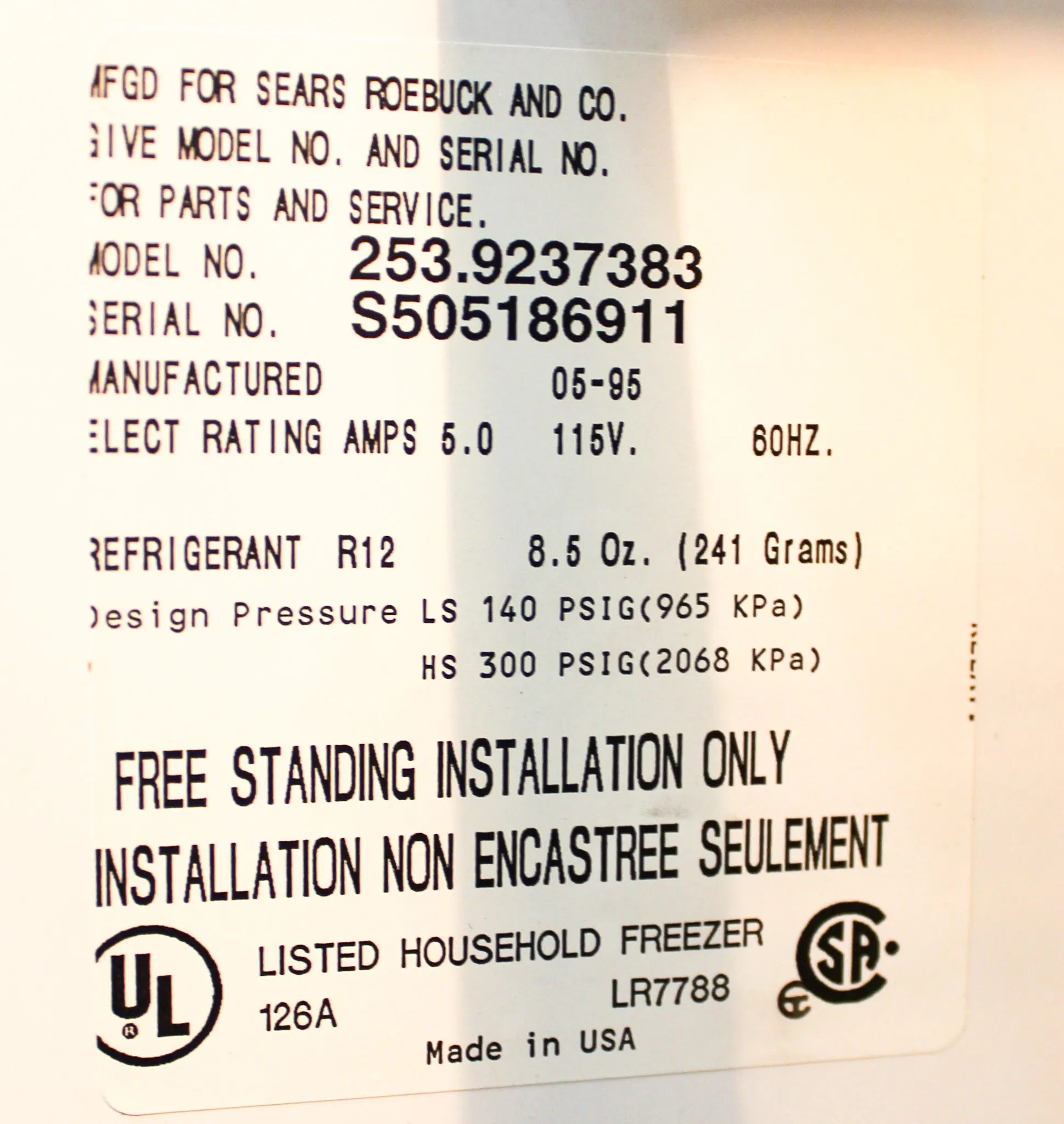 Kenmore 253.923.7383 Upright Freezer