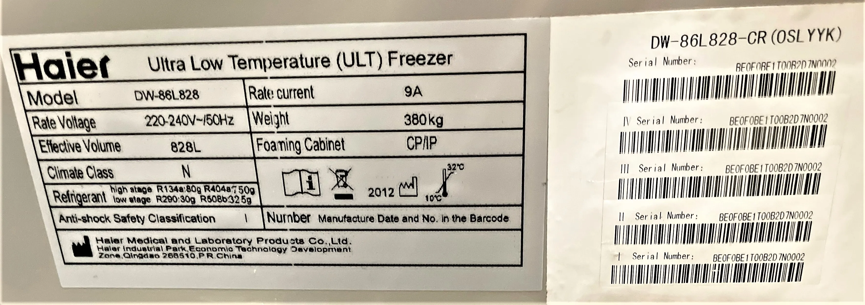 Haier ULT Freezer DW-86L828 220V and 50hz only