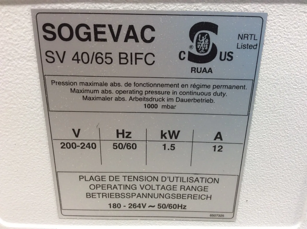 Sogevac SV65 BI FC Single Stage Oil Sealed Rotary Vane Vacuum Pump 1.1 Torr