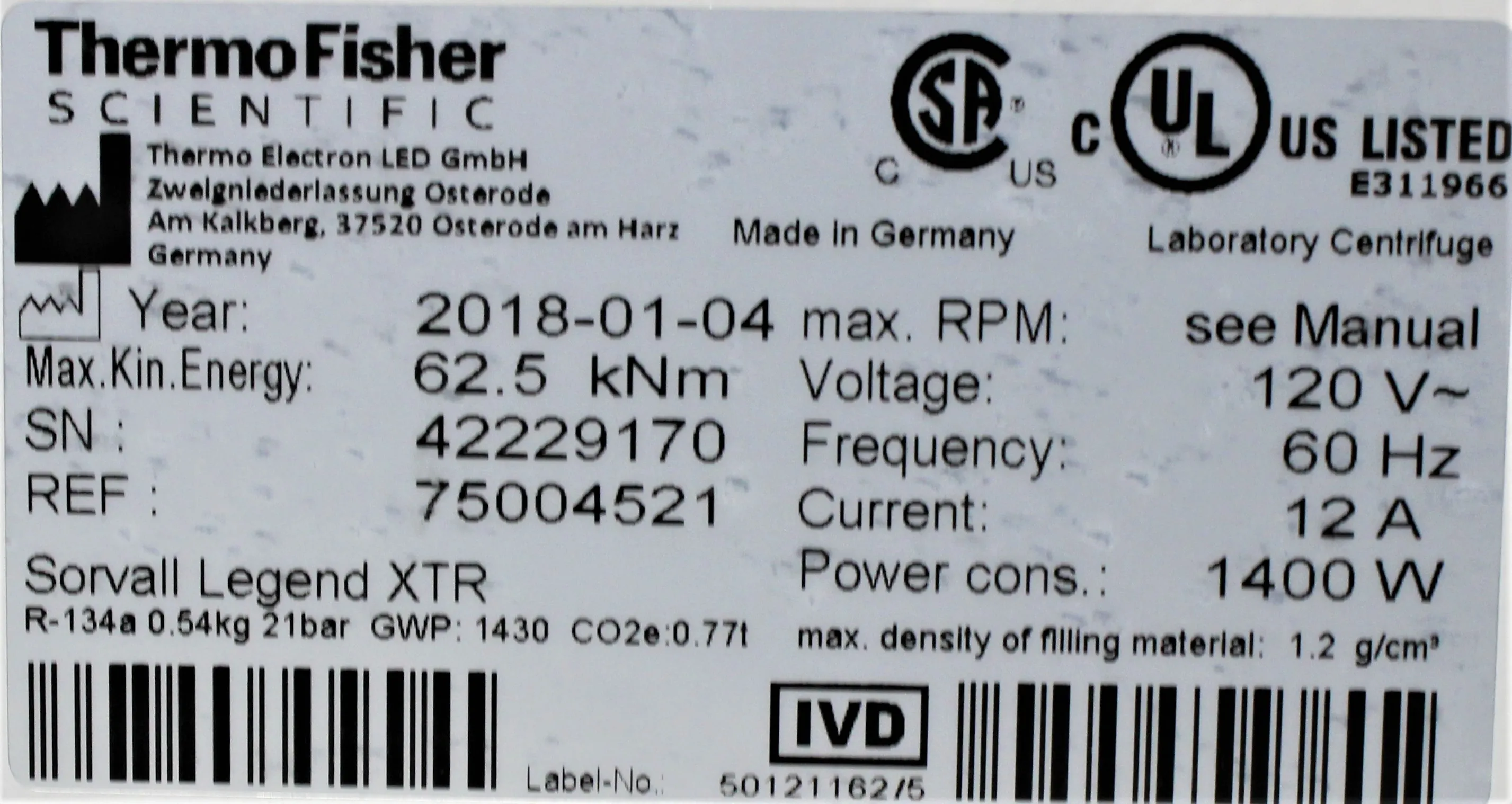 Thermo Fisher Sorvall Legend XTR 75004521 Benchtop Centrifuge