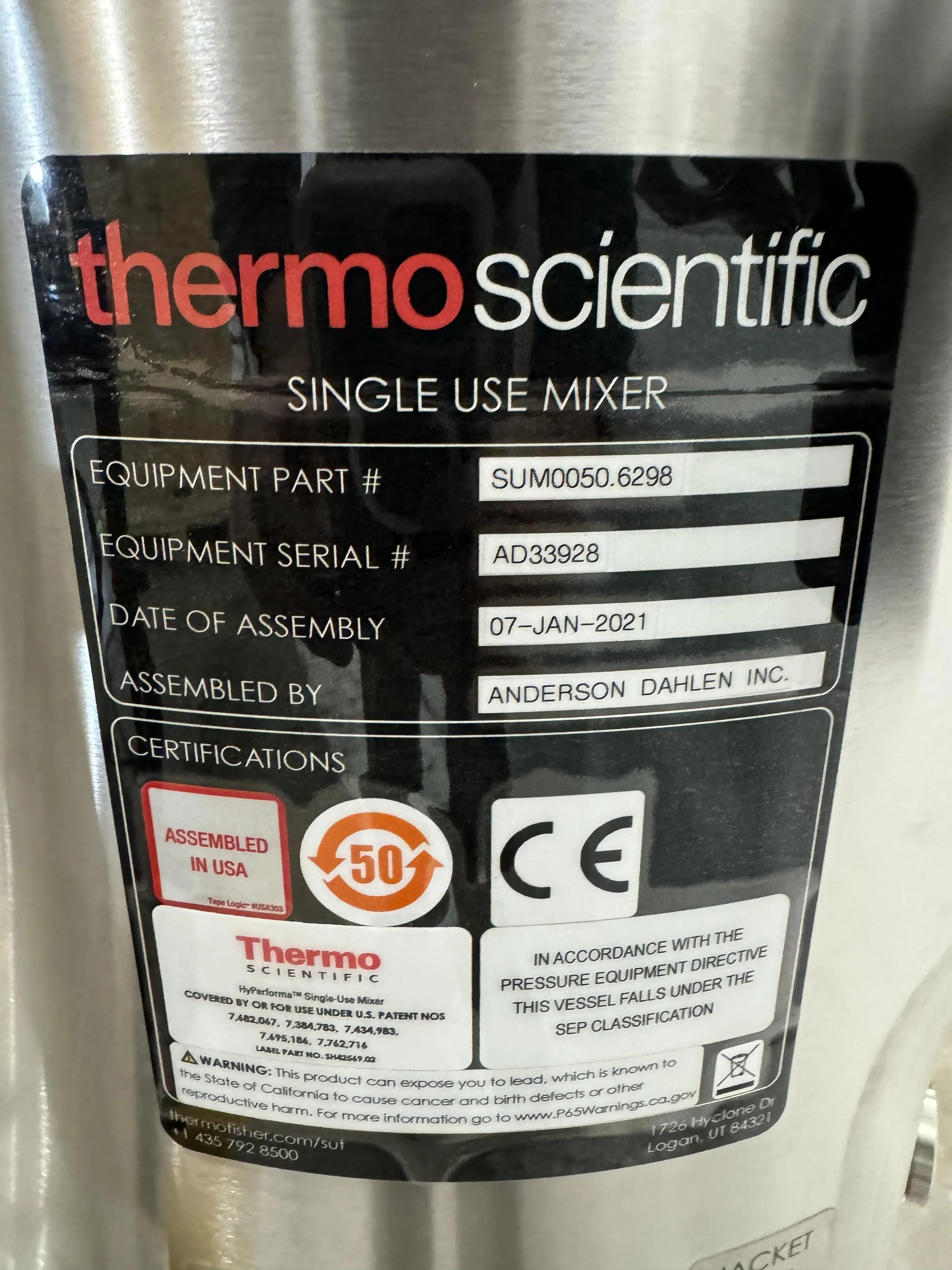 Thermo Fisher Scientific HyPerforma Single-Use Mixer SUM0050.6298 DS-100 L