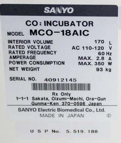Sanyo CO2 Incubator Model MCO-18AIC Stainless Steel