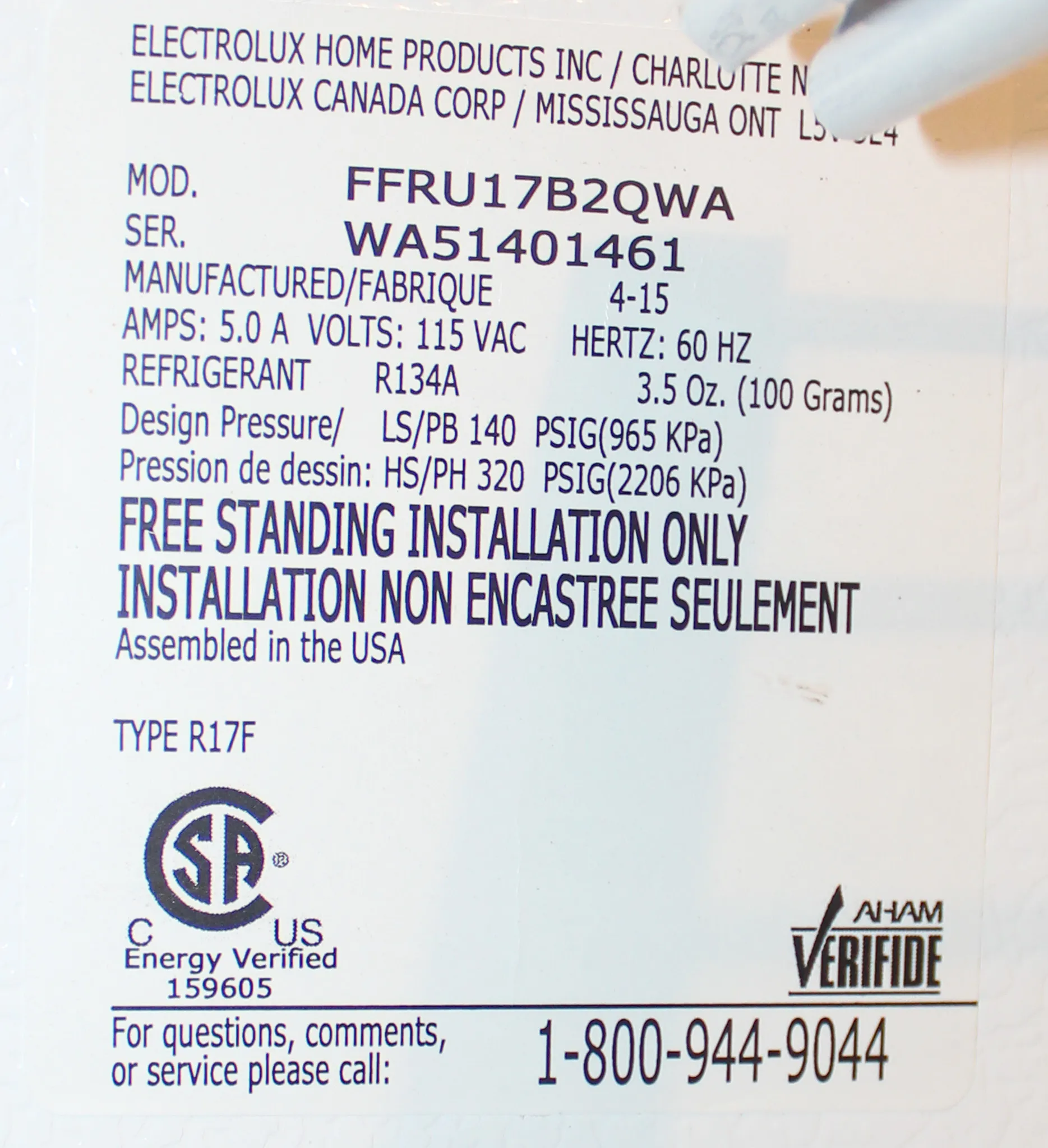 Frigidaire Lab Refrigerator Model FFRU17B2QWA White Single Door
