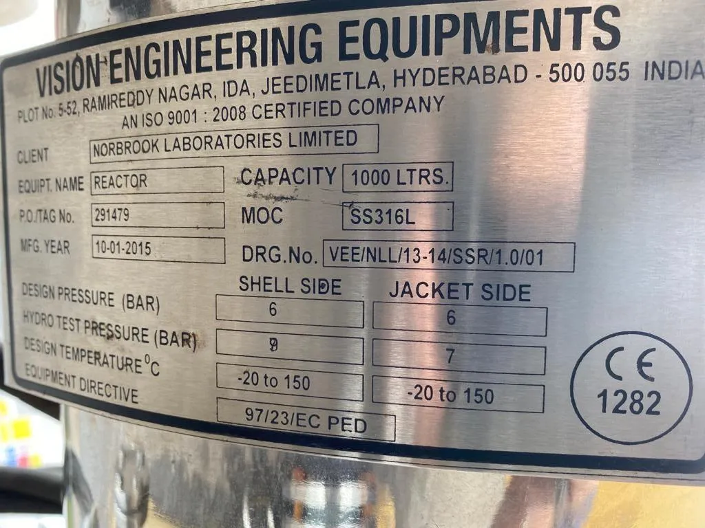 Vision Engineering 1000 Litre Stainless Steel jacketed Reactor
