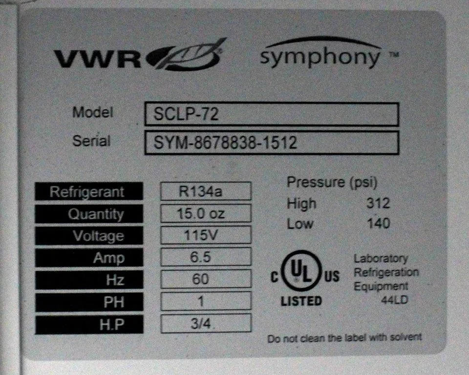VWR Symphony SCLP-72 Laboratory Refrigerator with 115V Power Supply