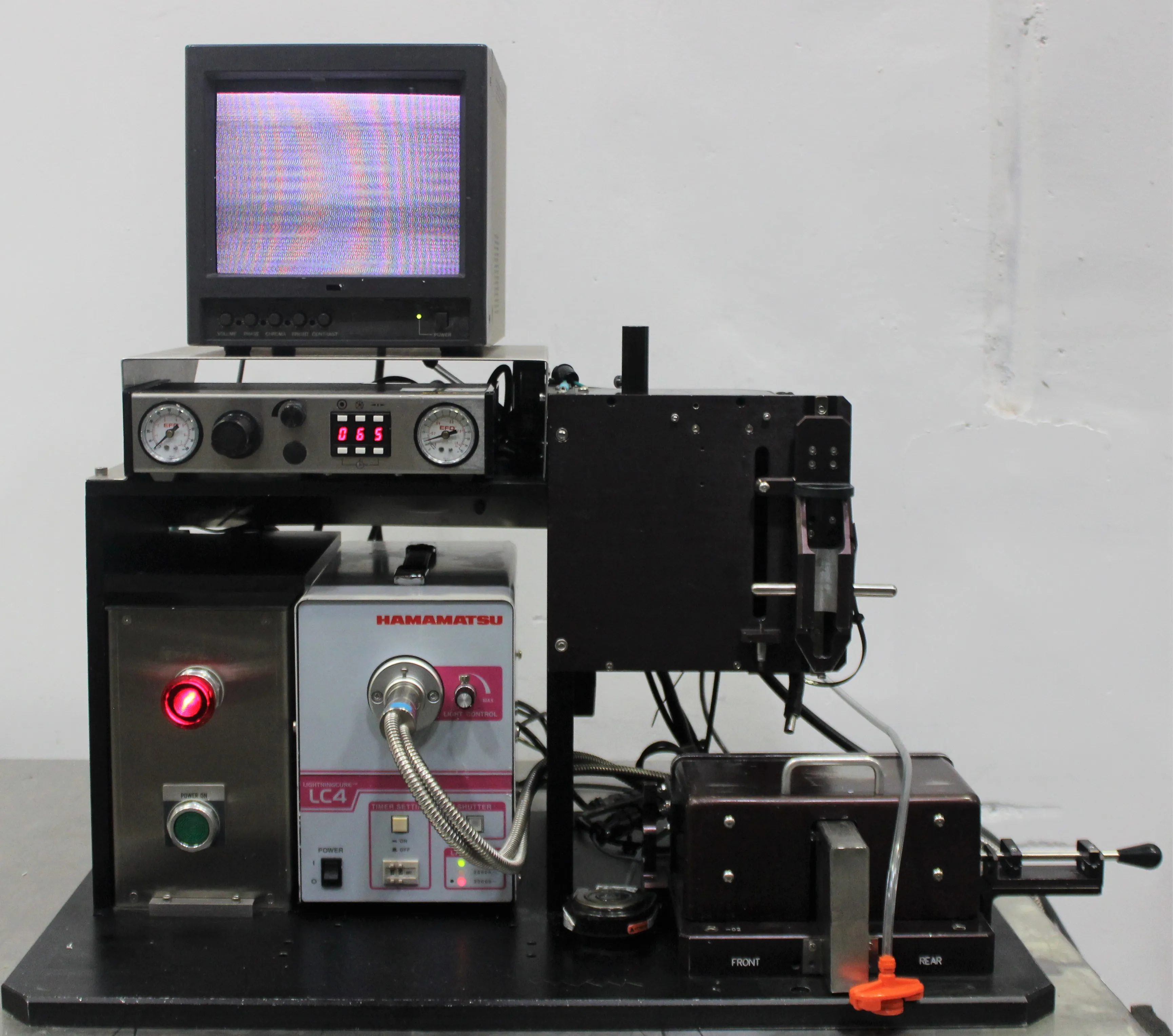 Used Custom Built UV Curing Light System With JVC TM-A9U Color Video Monitor and EFD 1500XL Fluid Dispenser