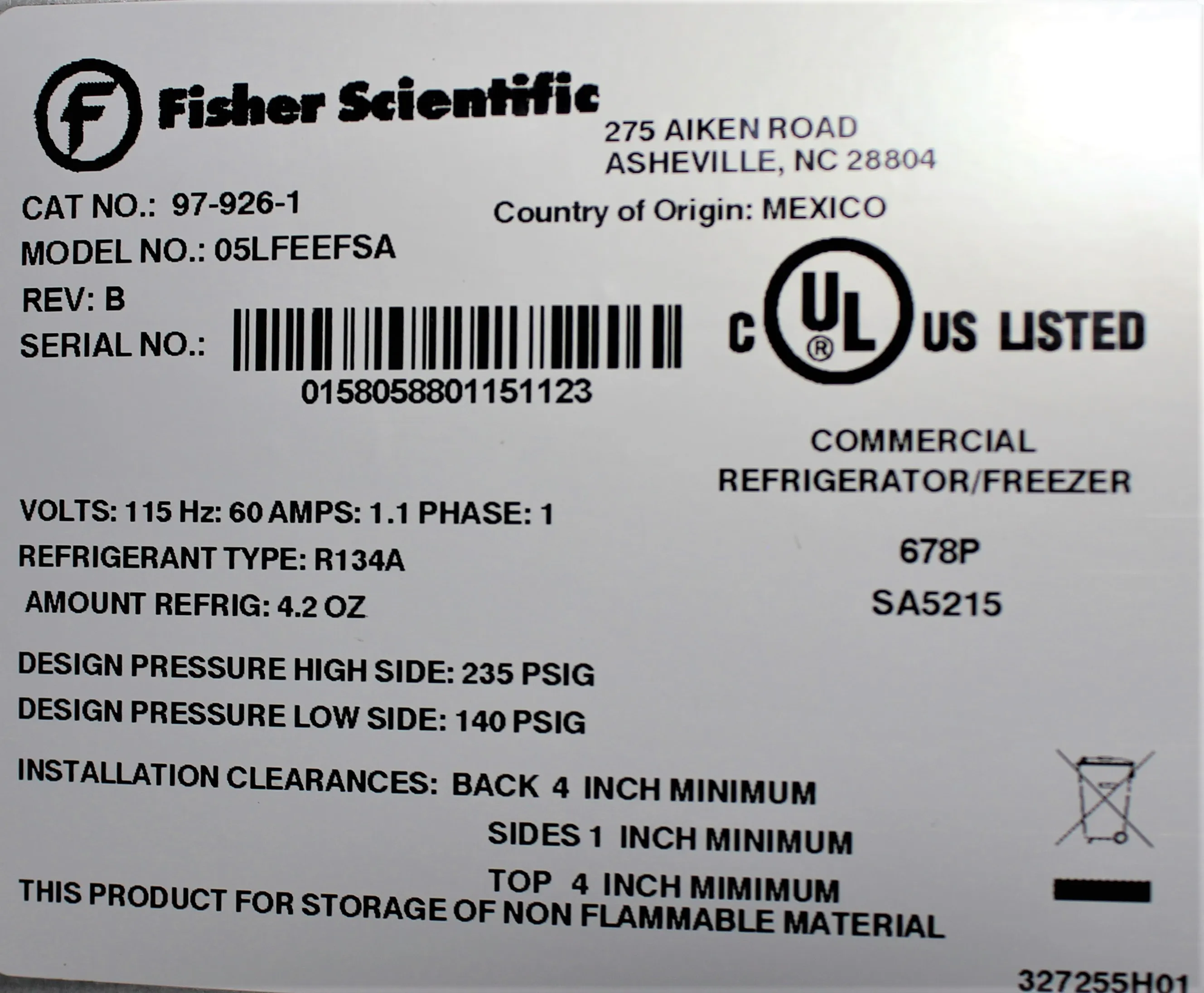 Fisher Scientific 05LFEEFSA Freezer - 5 cu. ft. Capacity, Manual Defrost, Class 2 Used Lab Equipment