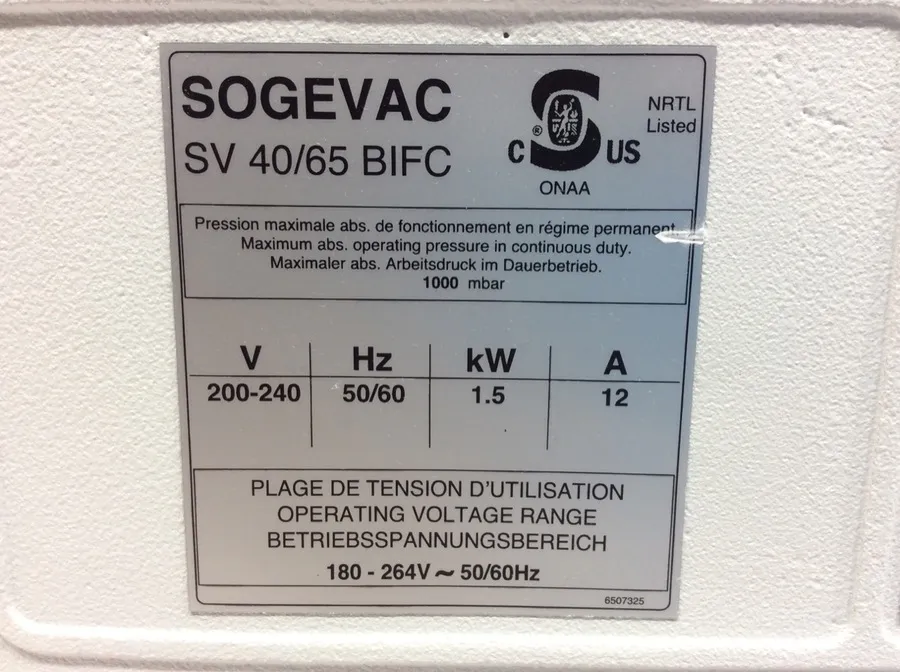 Sogevac SV65 BI FC Single Stage Oil Sealed Rotary Vane Vacuum Pump 1.1 Torr