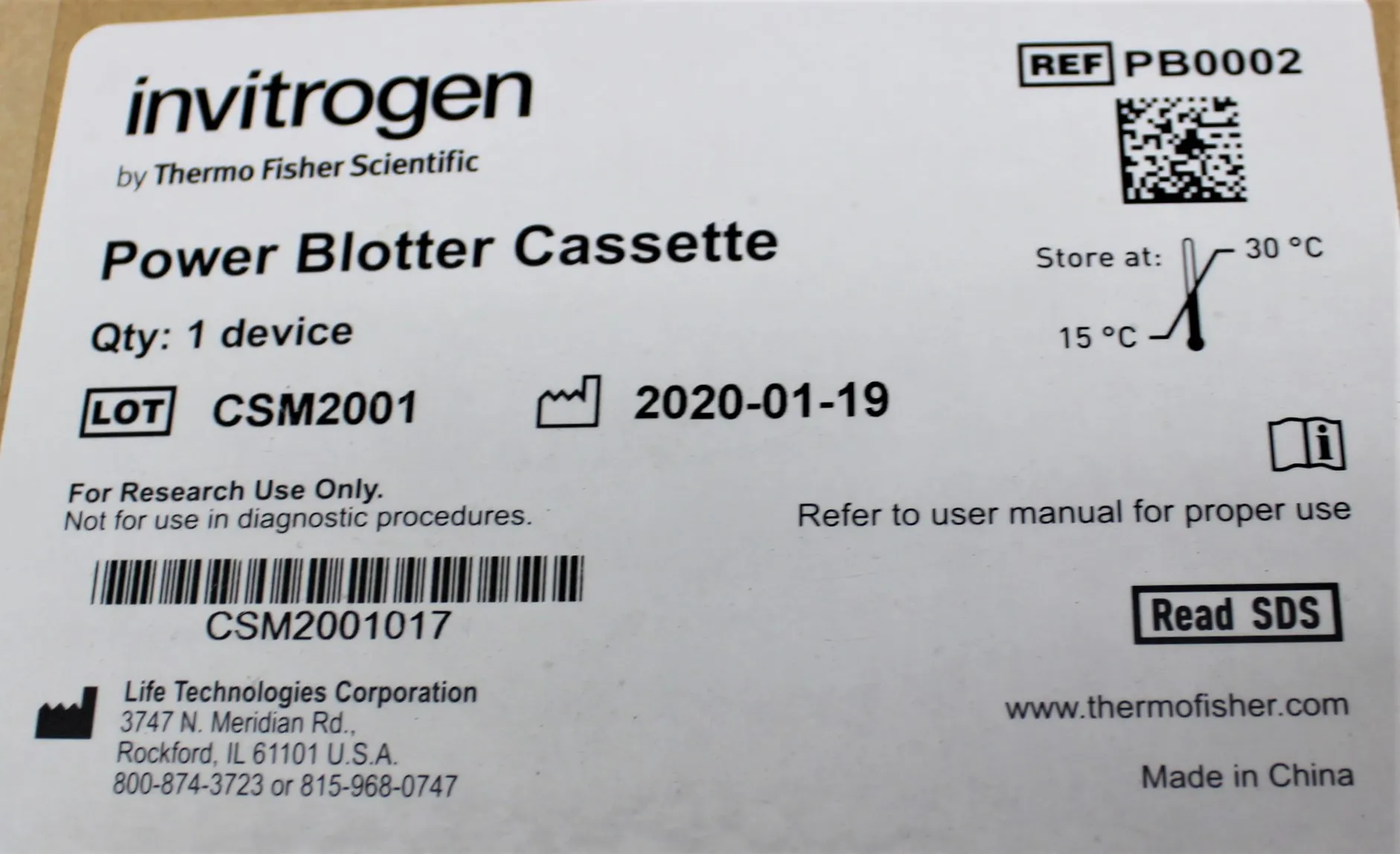 Invitrogen Power Blotter Cassette PB0002 - Used Laboratory Equipment